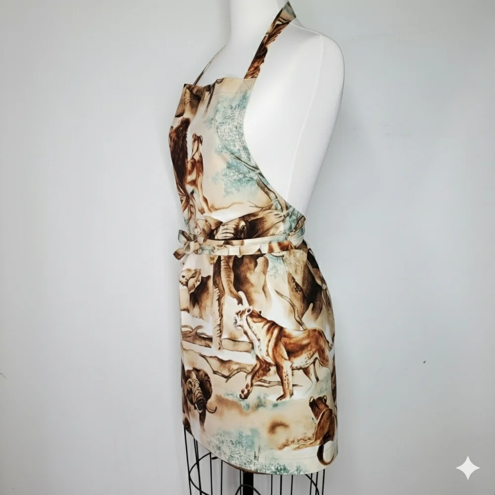 Apron Size S/M NEW Animal Print Elephant Lion Long Ties Handmade Africa Savannah